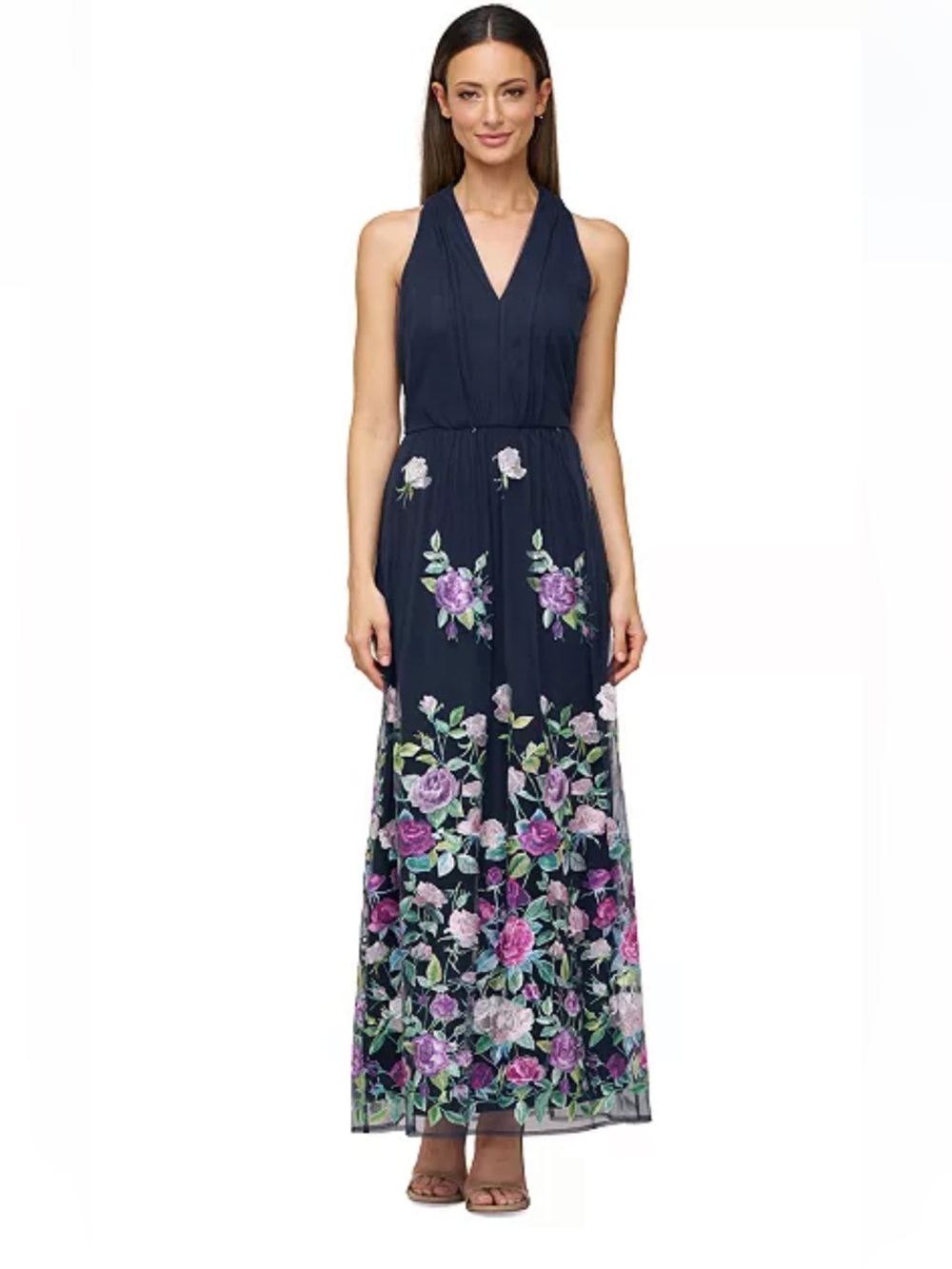 JS Collections Women's Dassie Floral V-Neck Tie-Waist Gown sz 8 NWT
